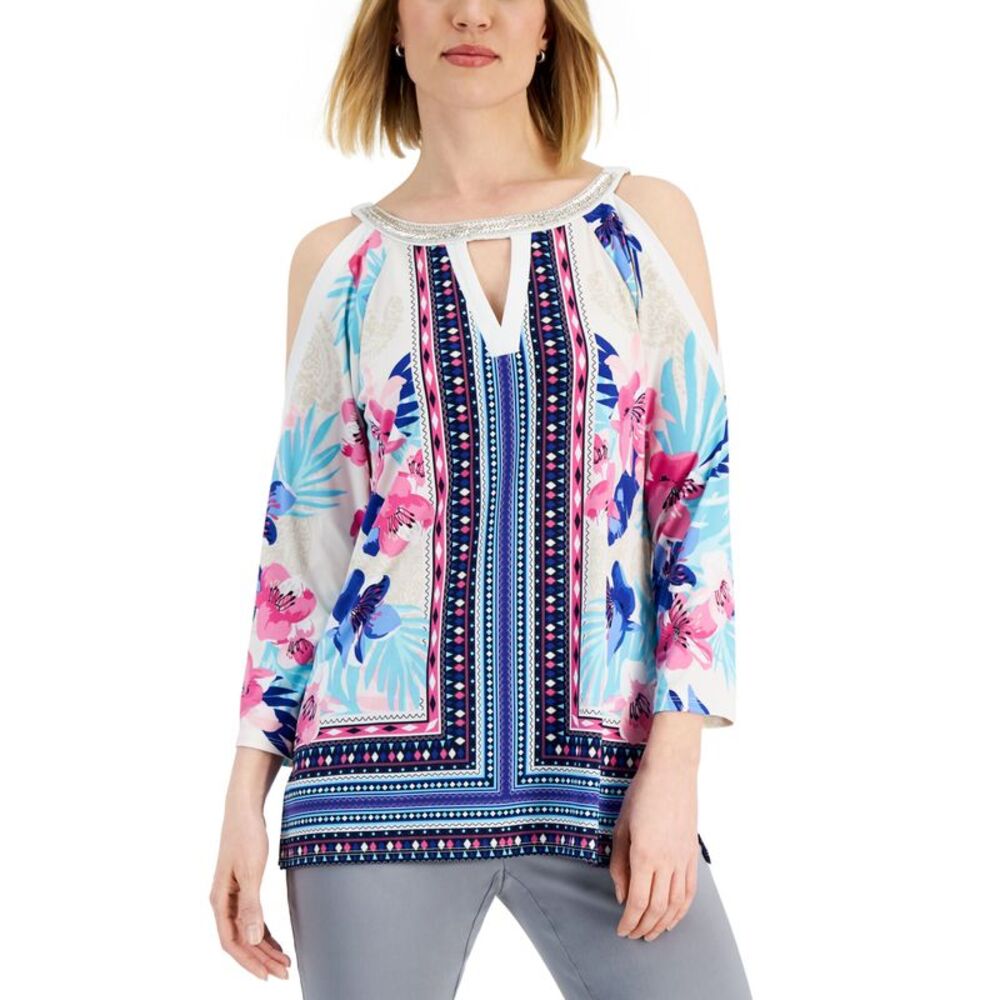JM Collection Womens Mixed Print Cold Shoulder Top